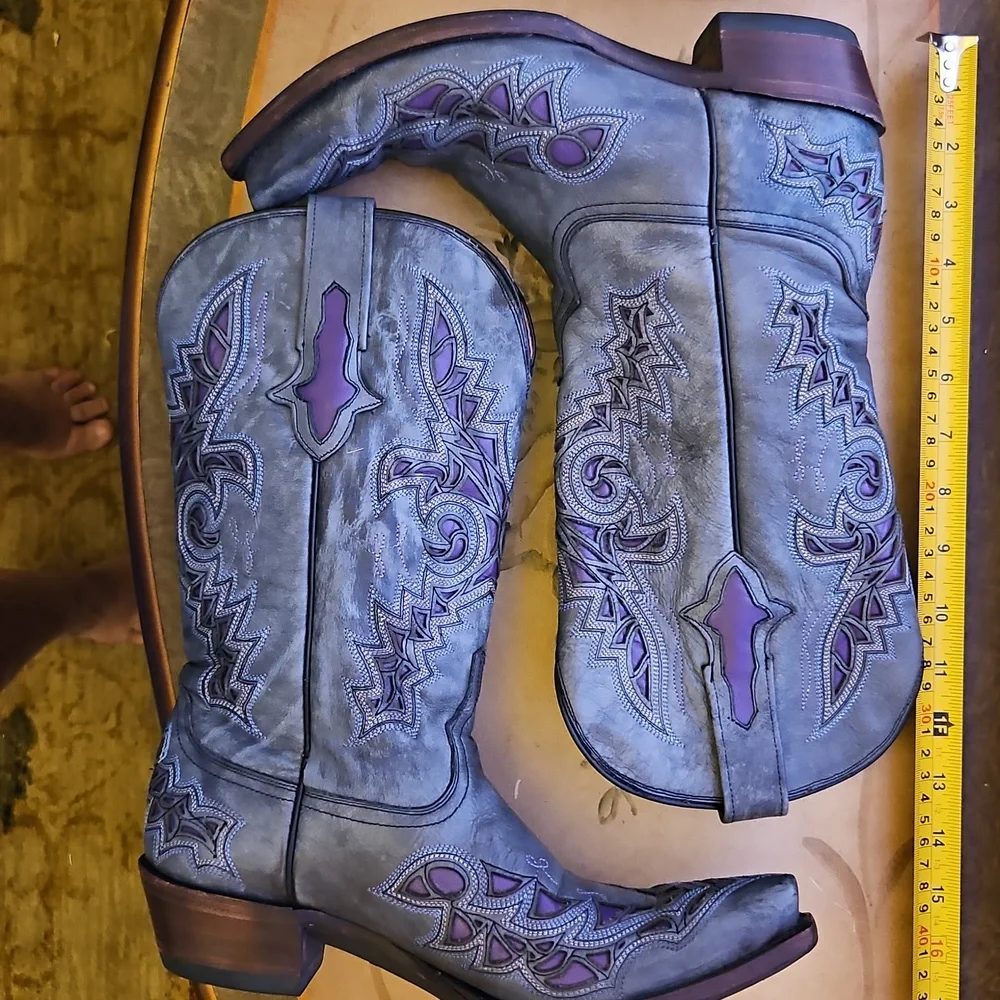Lucchese All Leather Western Boots Grey, Purple Inlay 9.5 B - Picture 4 of 10